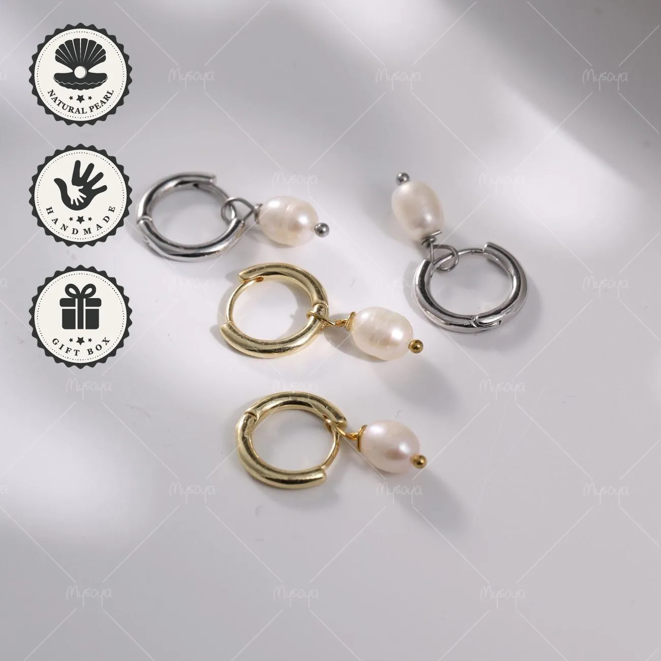 

Mysoya Golden Silvery Earrings White Rice Freshwater Pearl 6–7mm With Gift Box Valentine’s Day Birthday Gift For Her