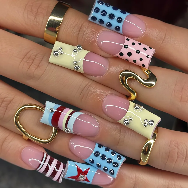 

24 шт. накладных ногтей Y2K с цветными полосками, средней длины, квадратной формы, с клеем, сине-желтые французские накладные ногти, черные в горошек, модные типсы для ногтей