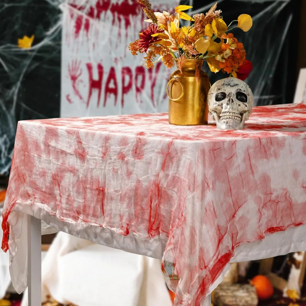 Gauze Halloween Bloodstain Tablecloth Realistic Rectangular Halloween Blood-Stained Fabric DIY Large Size Bloody Window Curtain