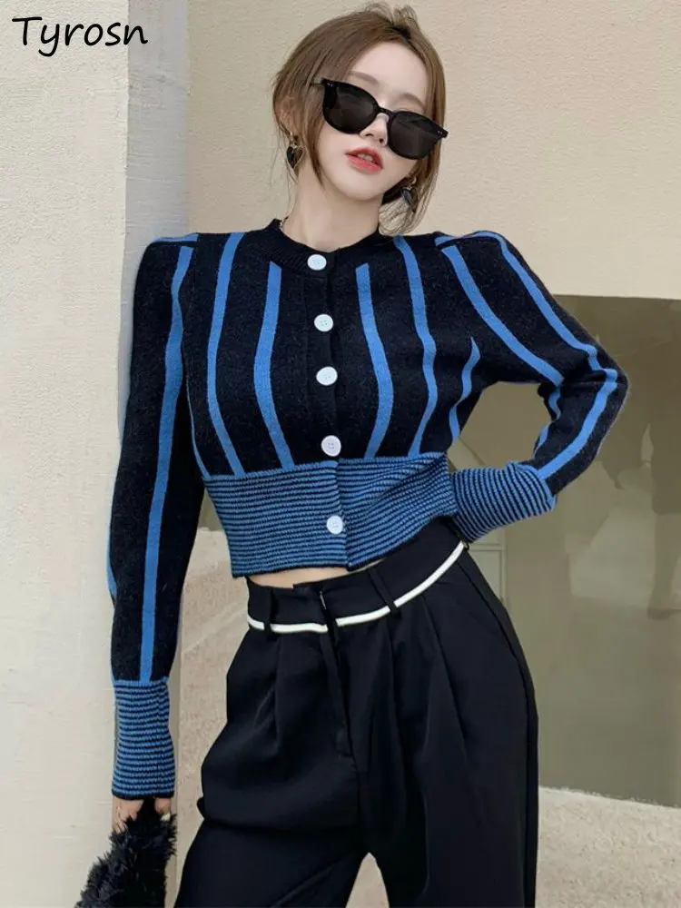 

Cardigan Women Slim Cropped Retro Sexy Creativity Simple Daily Sweater Striped Korean Style Fashion Leisure Ladies Autumn New