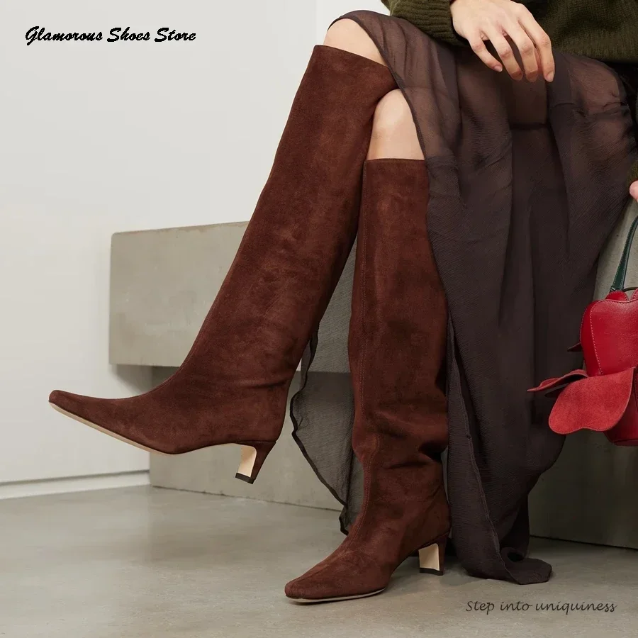 

Spring Autumn Suede Knee-High Boots Concise Square Toe Mid Square Heel Long Boots Fashion Solid All Match Slip-on Modern Boots