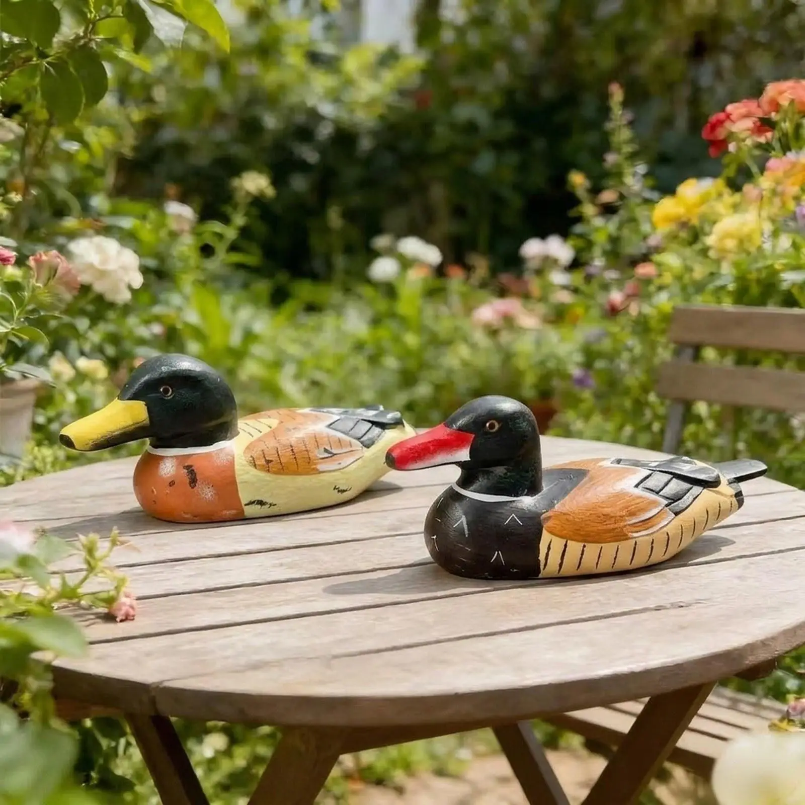 Romantic Wooden Mandarin Duck Statues Handcrafted Sculpture Decorative Bird Figure for Living Room Study Garden Display