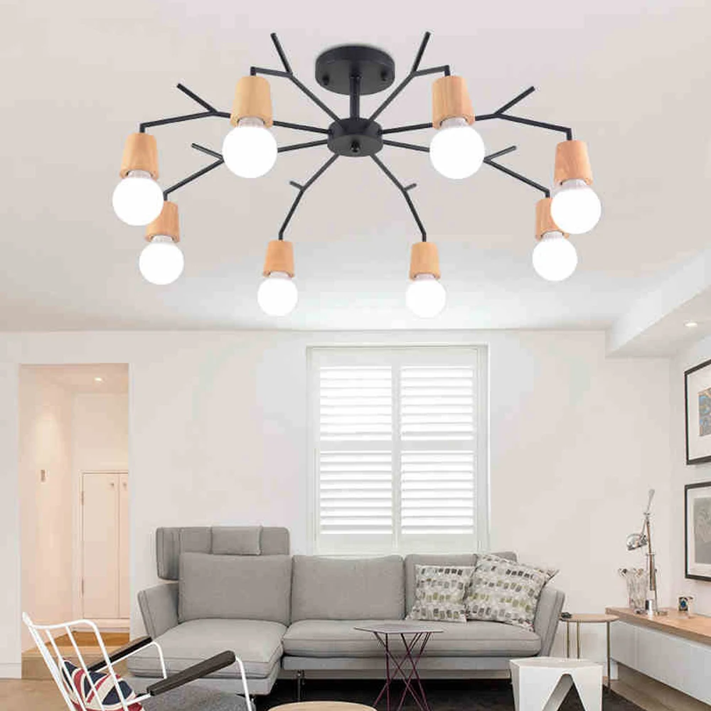 Modern Wood Ceiling Light Fixture Vintage Sputnik Chandelier Multiple Ceiling Lamp E27 LED Loft Living Room Home Decor Lighting