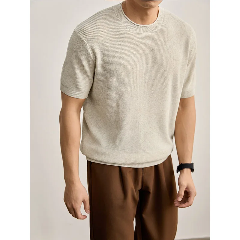 

T Shirt for Man Linen Breathable Knit Summer Casual Business Solid Color Tshirt Classic Preppy Style