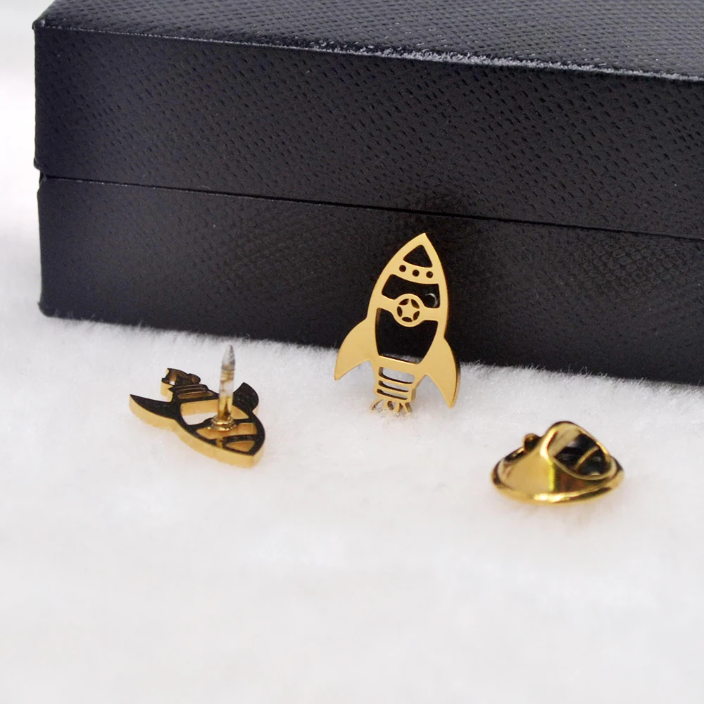 Space-Themed Stainless Steel Brooch  Rocket-Shaped Metal Badge  Futuristic Decoration