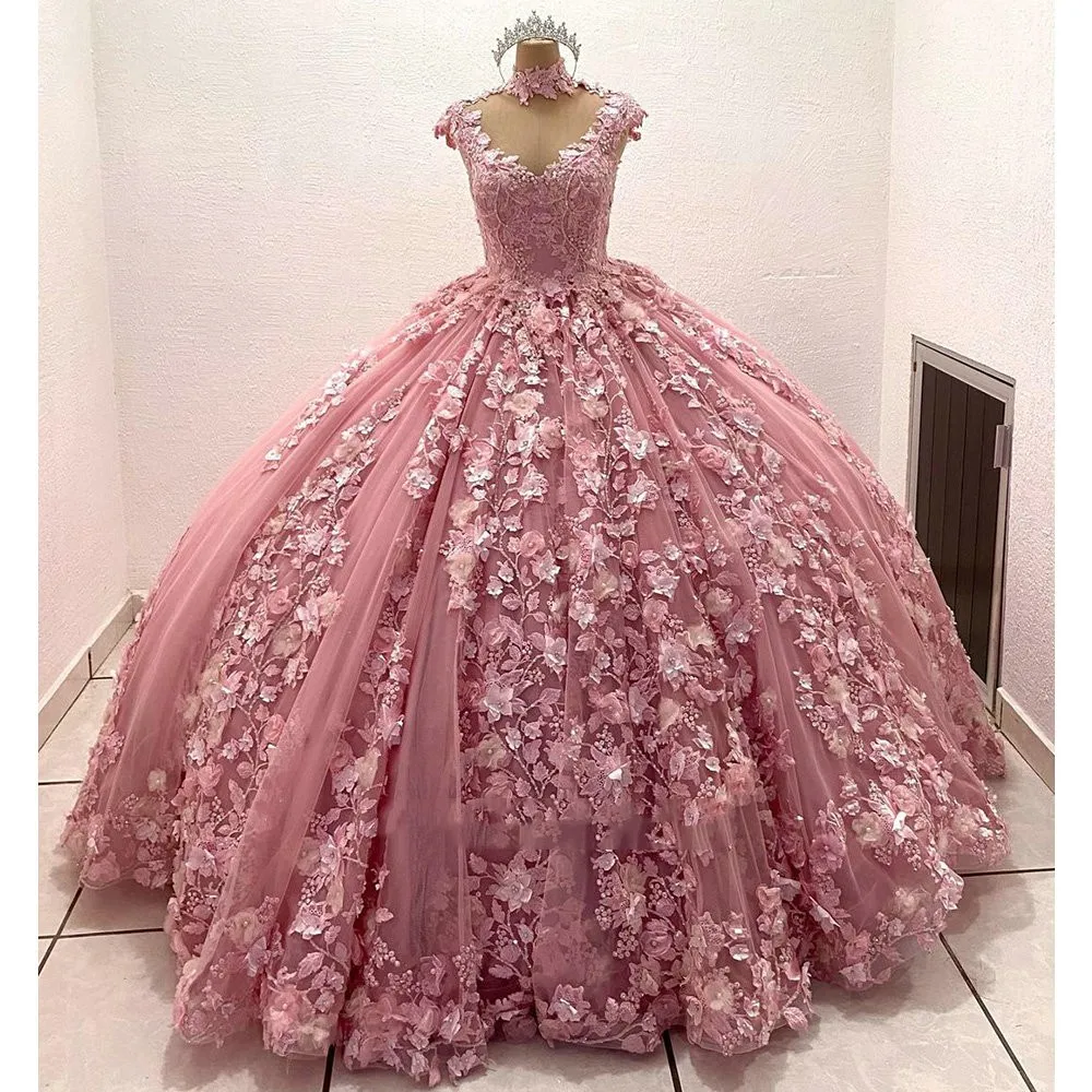 ANGELSBRIDEP-Vestidos Quinceanera de luxo pérolas, flores rosa 3D, apliques Beading, Princess Birthday Party, 15 anos