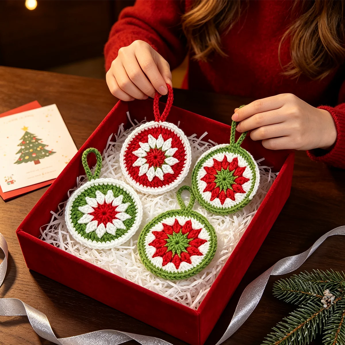 DIY Christmas Round Mandala Flower Hanging Ornament Crochet Kit, Not a Finished Product, Includes Full Set of Yarn, Crochet Tools, and Step-By-Step Visual Tutorial, Red and Green Holiday Color Scheme, Floral Pattern Round Hanging Ornament, Suitable for Christmas, Thanksgiving, and New Year Home Decoration, Can Be Hung on Christmas Trees, Windows, or Display Cases Unpackable DIY Knitting Kit, Beginner-Friendly, Create Your Own Festive Atmosphere Hangings, Can Be Used as Creative Holiday Gifts, Adult DIY Crafts.