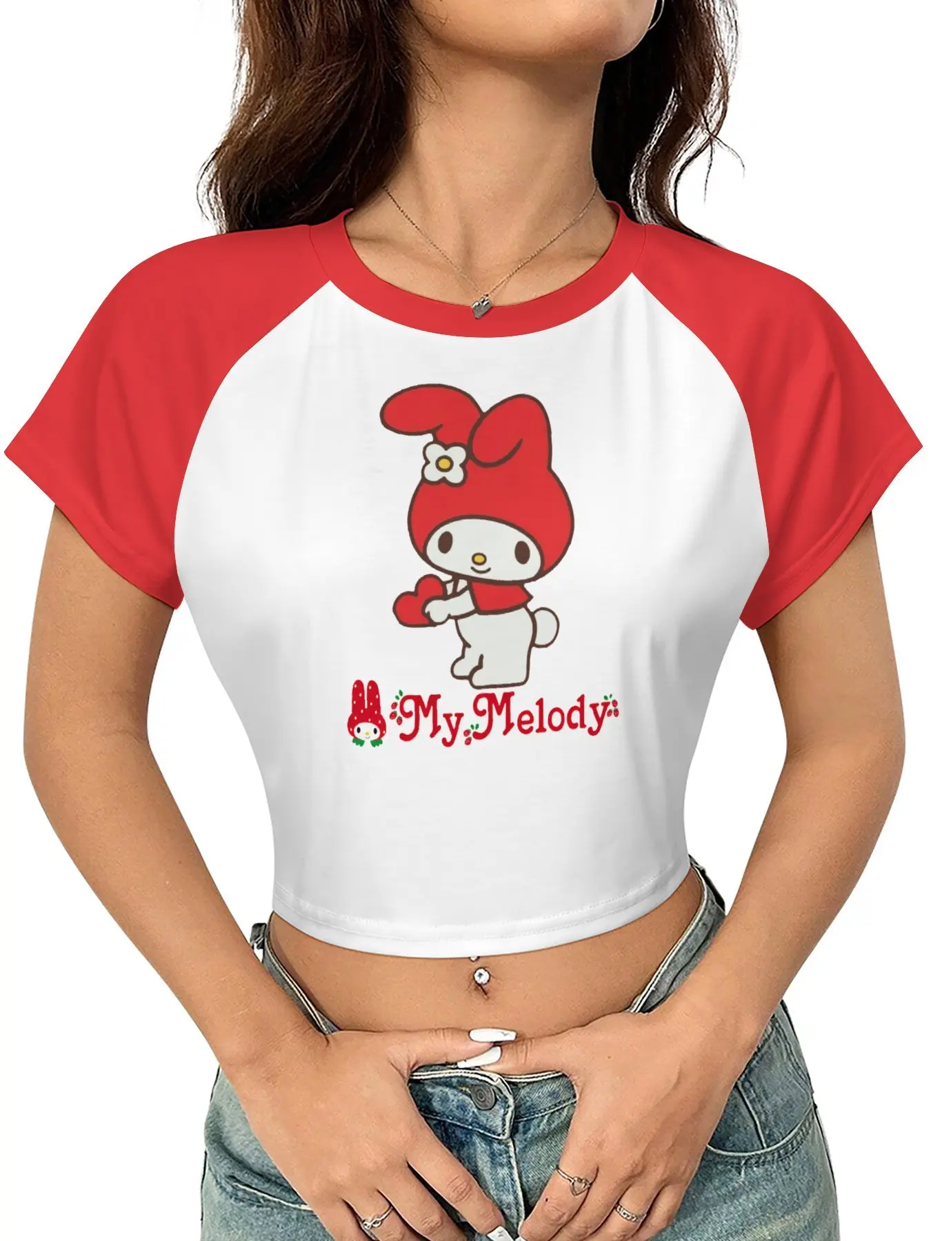 

My Melody rabbit T Shirts Girls Sanrio Short Sleeve Cartoon Tee Sexy Crop Tops Cute TShirt Raglan Sleeves Top Summer Clothing