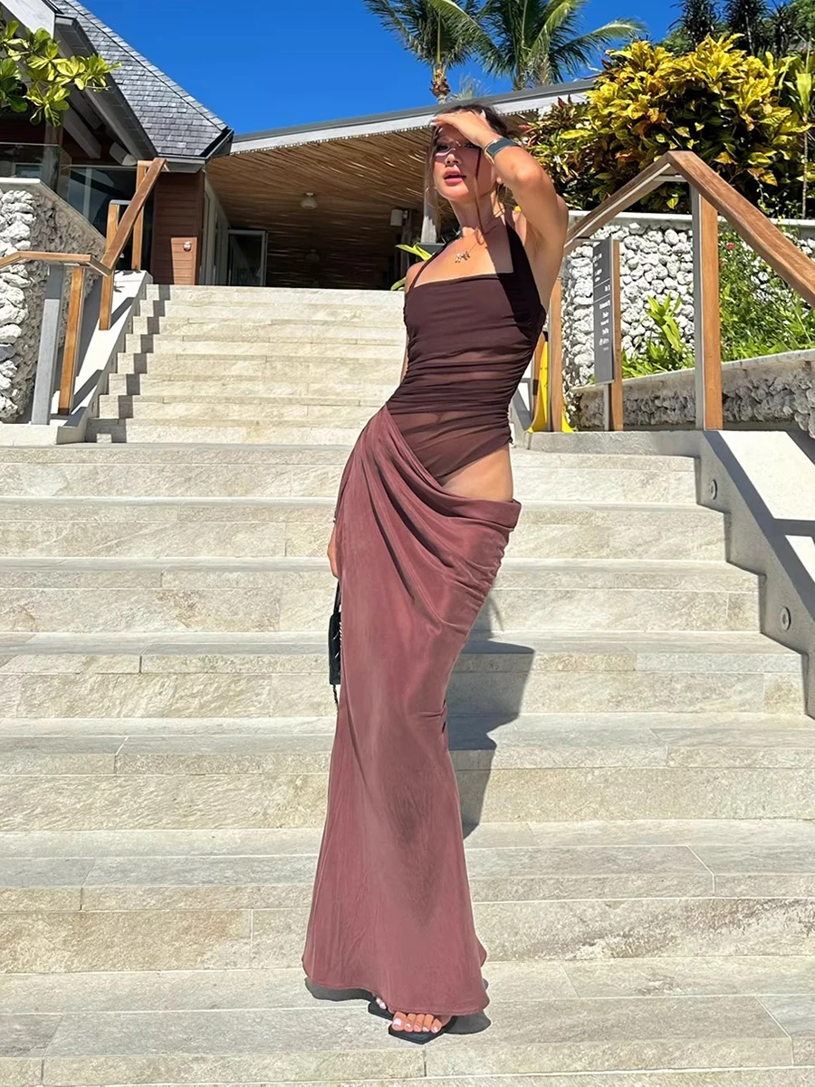 ReddaChic Sukienka Imprezowa z Siateczki, Marszczona, Letnia, Prześwitująca, typu Halter, Maxi, Długa, z Wycięciami, Obcisła, Damska, Jednoczęściowa, Seksowna, na Imprezę do Klubu Nocnego