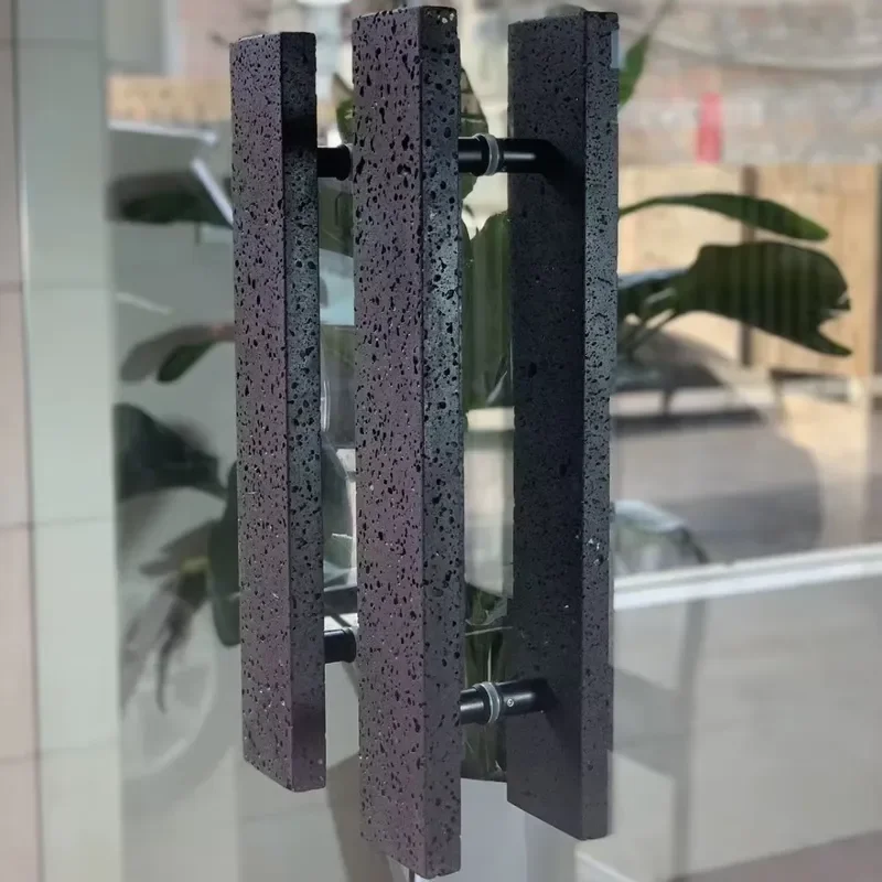 Square Black Travertine Glass Door Handle High-grade Marble Material Solid Wooden Door Pull Handle for Hotel Clothing Store