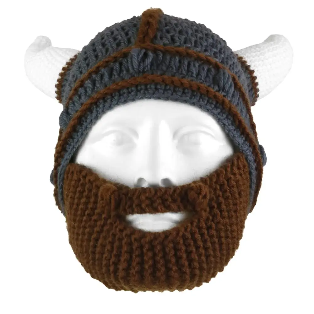 Handmade Knit Helmet and Removable Beard Barbarian Knight Knit Hat Viking Horns Beanie Funny Caps