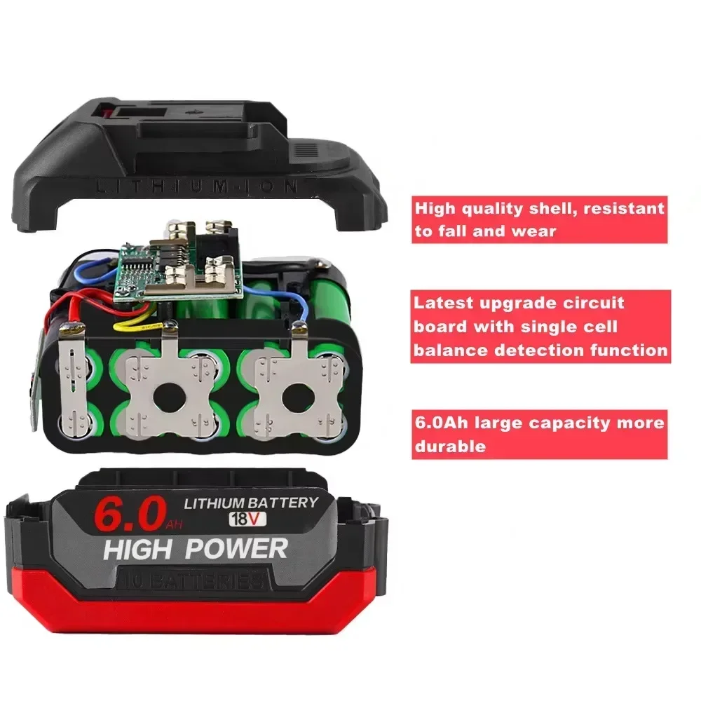 Bateria de íon de lítio recarregável de alta capacidade 18V 6.0Ah com indicadores LCD para ferramentas elétricas de chave de broca sem fio Makita