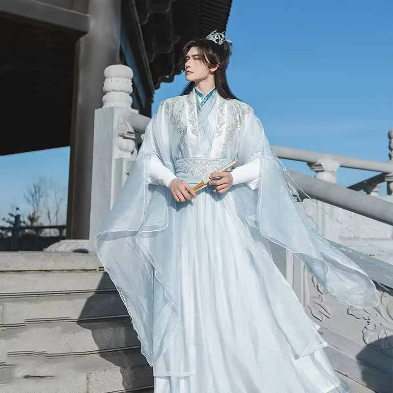 Hanfu الرجال الصينية القديمة التقليدية الأبيض والأزرق Hanfu زي الذكور زي هالوين تنكري Hanfu الدعاوى النساء حجم كبير XXL