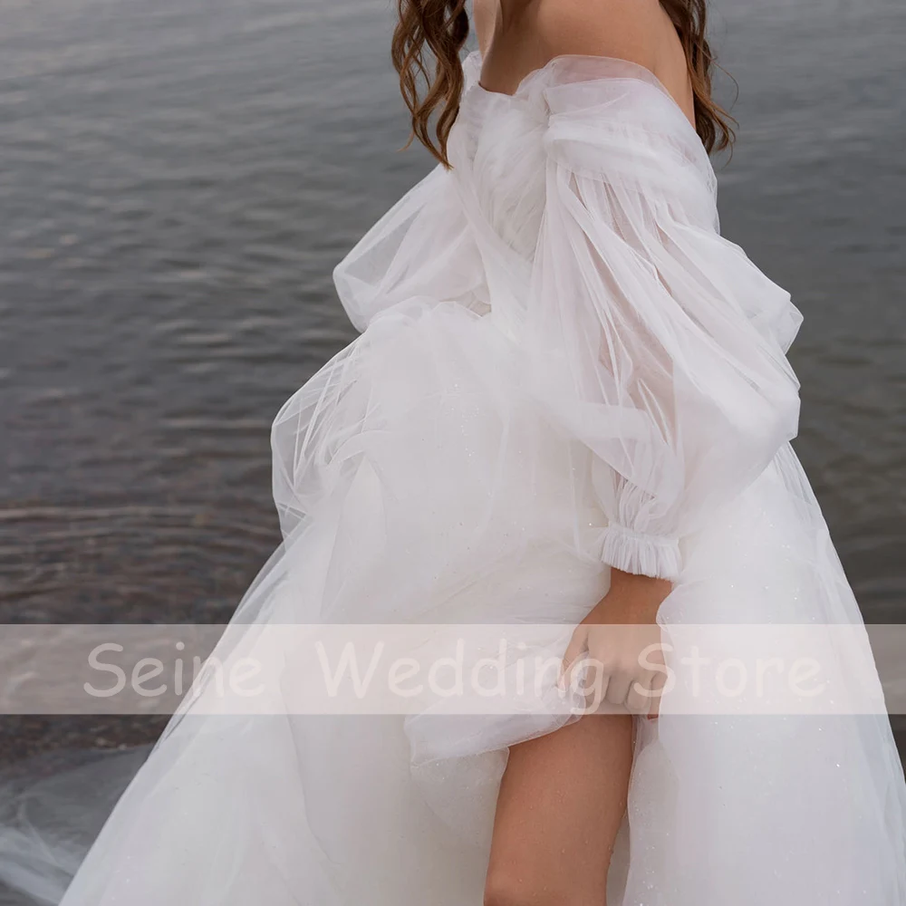 Simple Wedding Dresses Women 2022 Puff Sleeves Tulle Wedding Gowns Floor Length Sweep Train A-Line Bride Dress Robe De Mariee