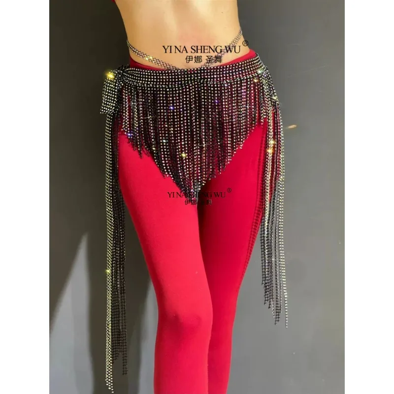 Sciarpa per fianchi triangolare con nappa per danza del ventre da donna Cintura in rete con pietre AB Accessori per catena in vita per pratica di danza orientale per ragazze