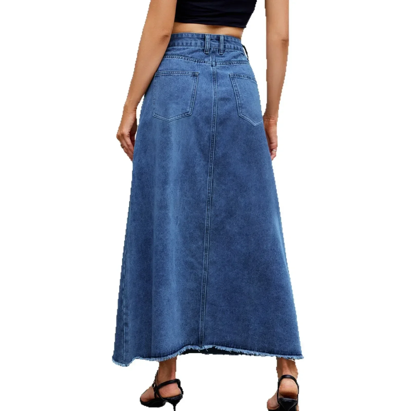 Denim Long Skirt Women Summer Basics Skirts Streetwear High Waist Washed Distressed Pockets Button 2025 Female Vintage A Line