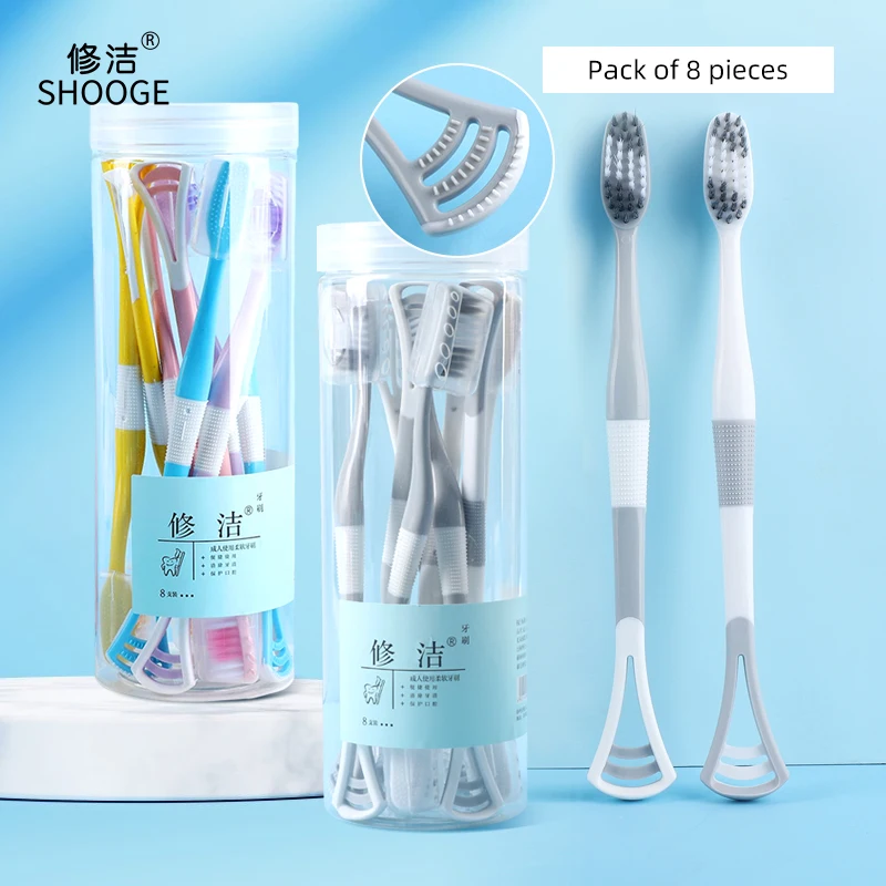 8 - Pack Adult Tongue - Scraping Toothbrushes Soft Bristles Swan Neck Design Comfortable Grip Tongue Scraper Included