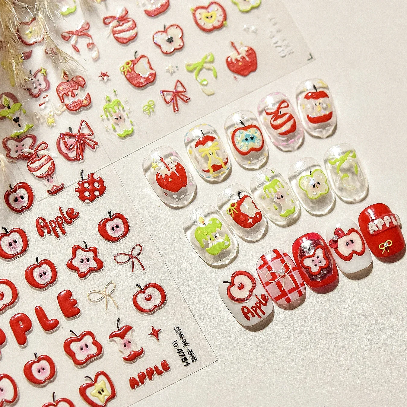 Vela con lazo de cereza y manzana roja y verde, gelatina de estrella, melocotón, fruta, corazón, flor, dijes, pegatinas para decoración de uñas, calcomanía para manicura