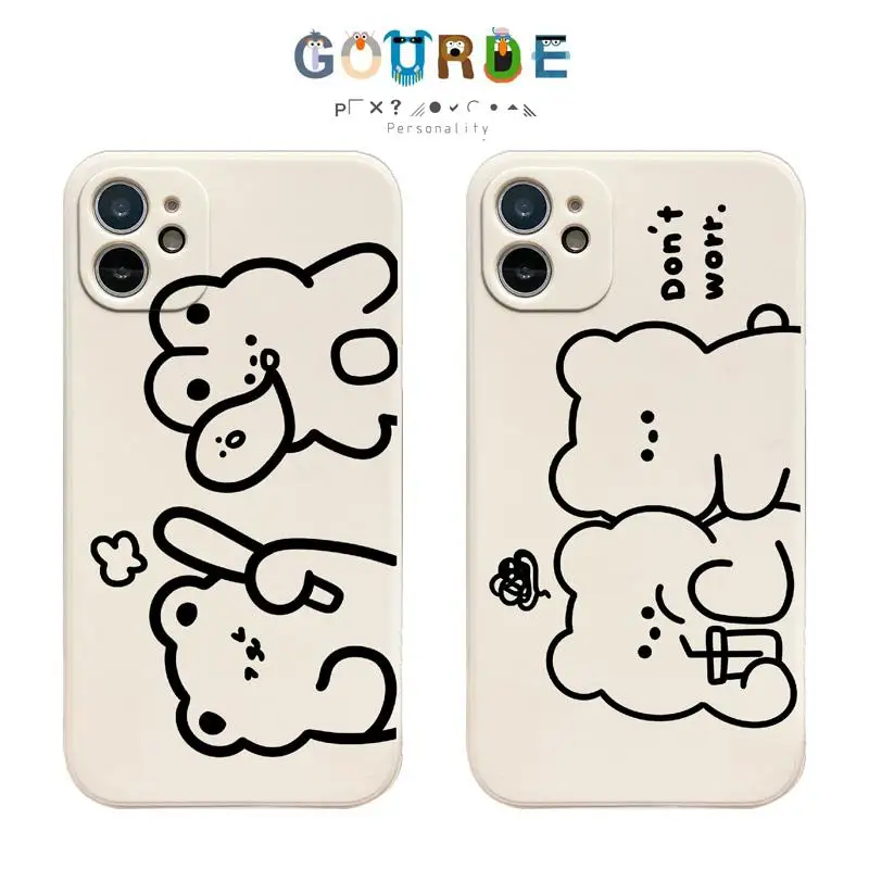 Gourde Funny Couple Bear Pattern Cute Phone Case for iphone 16 15 14 13 12 11 pro max 7 8 Plus XR Xs Max Soft Shockproof Cover