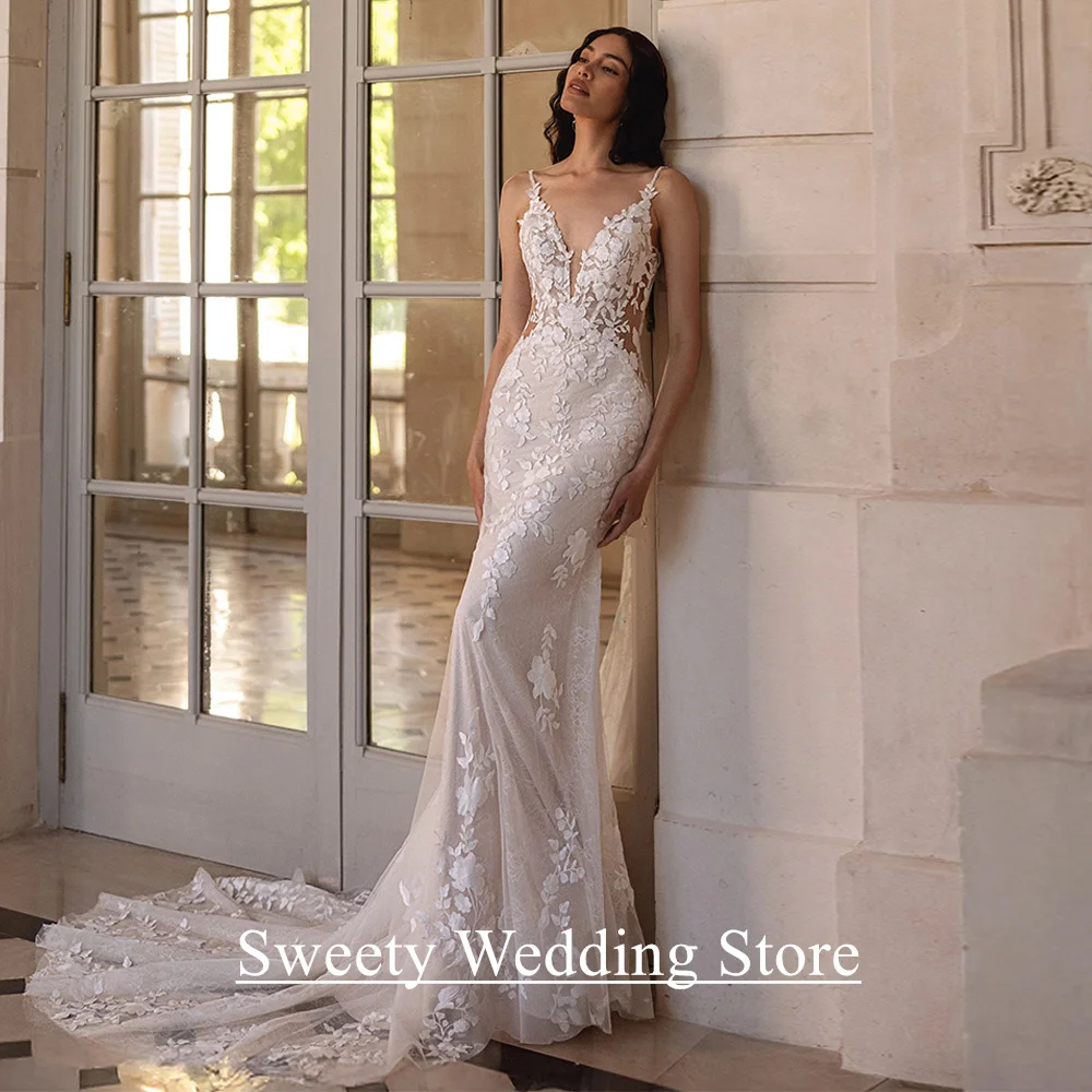 

Sexy Wedding Dress Vestido De Noiva Backless Customized Spaghetti Straps V Neck See Through Mermaid Bridal Gown Sweep Train