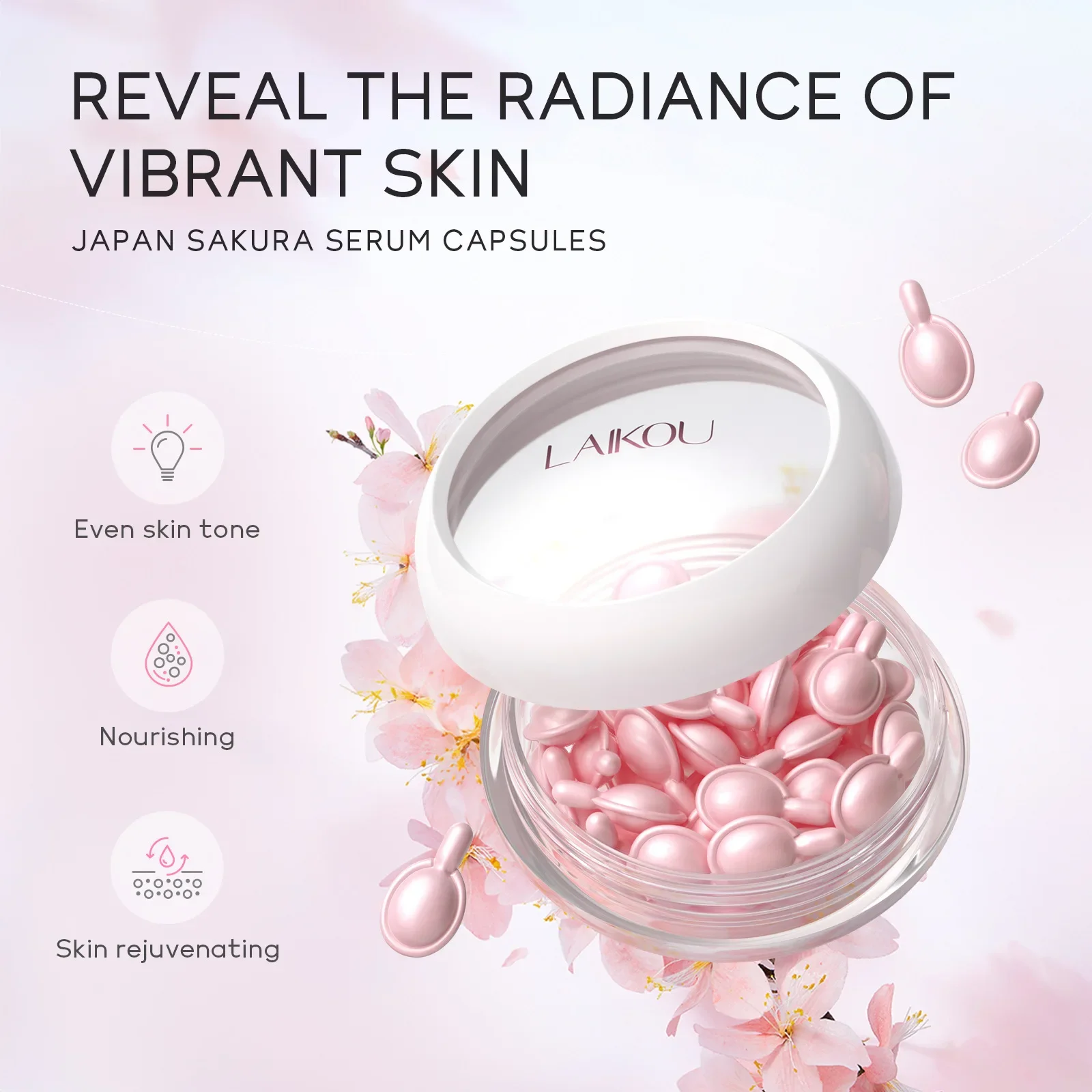 LAIKOU Cherry Blossom Hydrating Face Essence Sakura Facial Serum Moisturizing Beauty Facial Skin Care 30 Capsules*0.5ml