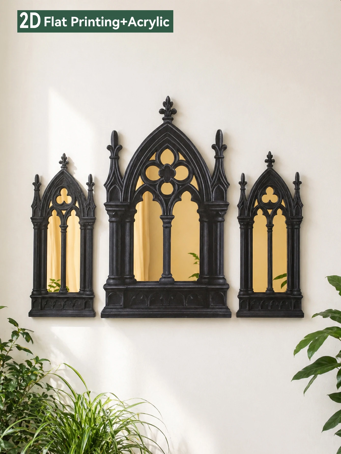 3Pcs Black Gothic Cathedral Wall Mirror, Ornate Window-Shaped Acrylic Mirror,Wall Art for Witchy & Dark Academia Room Decor Gift view 3