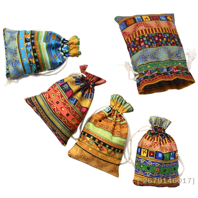【YY26】5pcs Bohemian Cotton Jewelry Bag Ethnic Gift Stripe Tribal Tribe Drawstring Bags Xmas Jewelry Pouches Party Bag