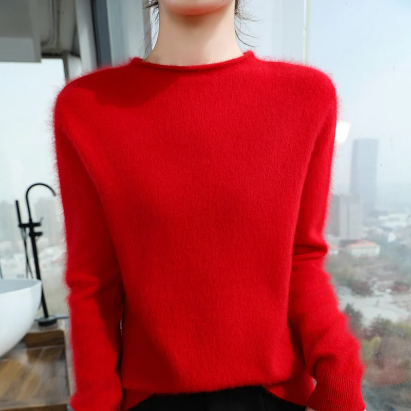 100% Mink Fur Women's Knitted Sweater Christmas red Warm Round Nneck Versatile 2024 Autumn and Winter New Commuting Basic Top