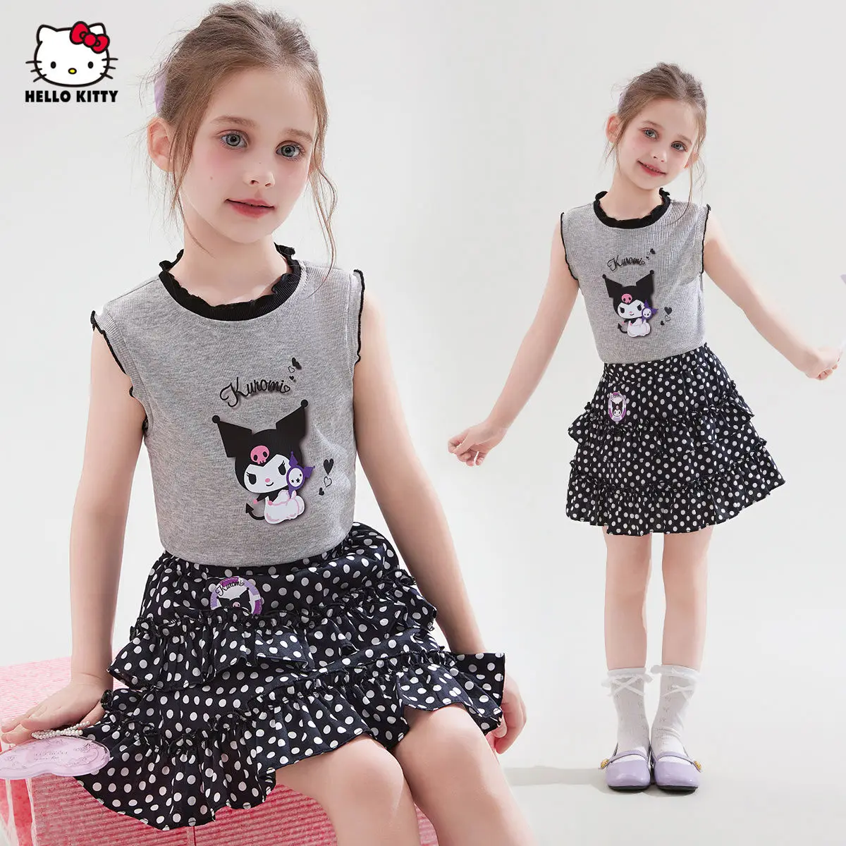 

Sanrio Girls Sleeveless 2Pcs Hello Kittys Children New Style Short Skirt Kuromi Girls Polka Dot Set Summer Co-Branded Model Hot