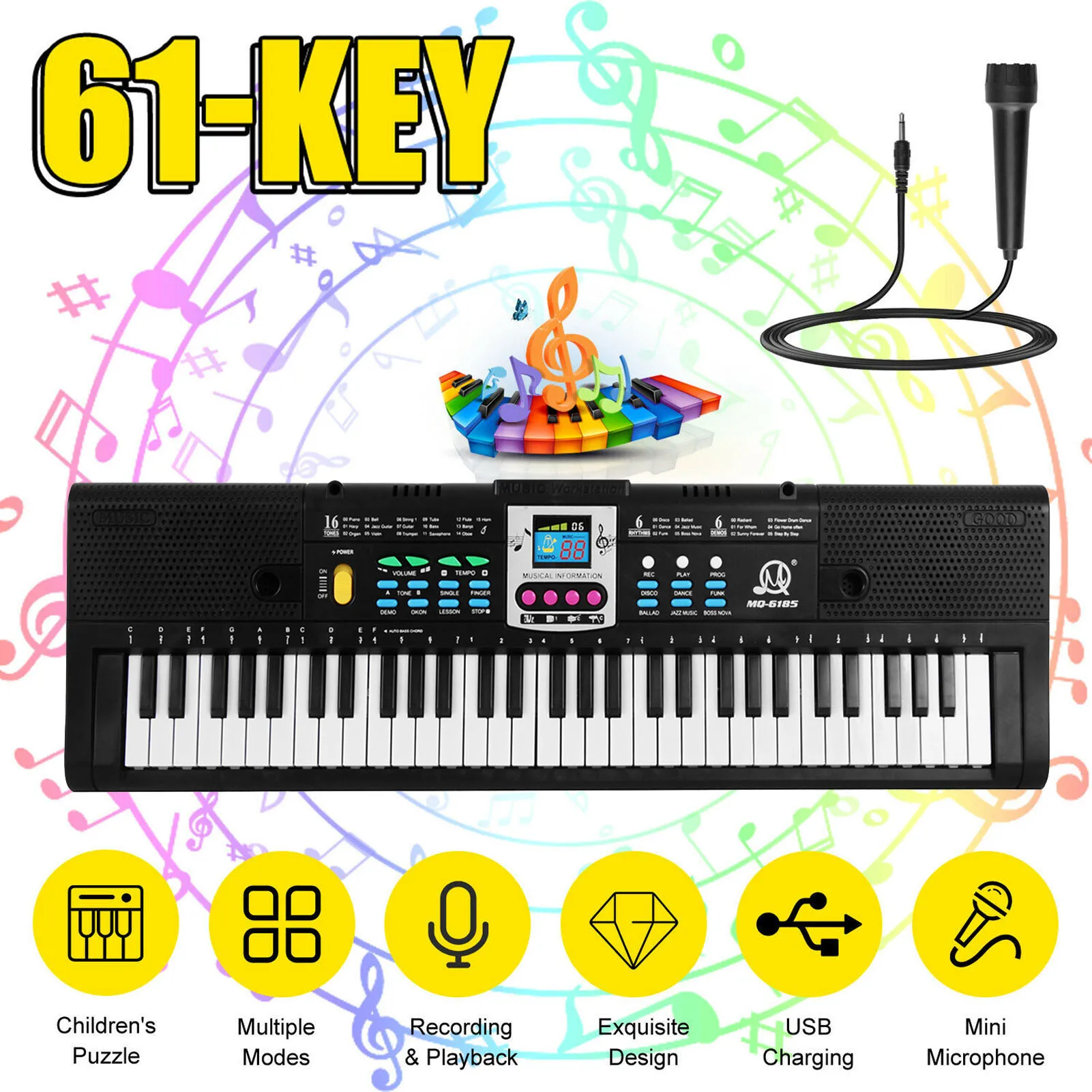61 Keys Digital Music Electronic Keyboard Kids Multifunctional Electric Piano for Piano Student with Microphone Function Musical