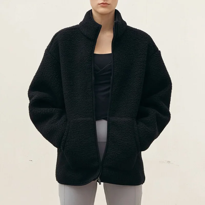 autumn and winter European and American street fleece stand-up collar jacket loose thermal zipper wool lamb sports topwomen