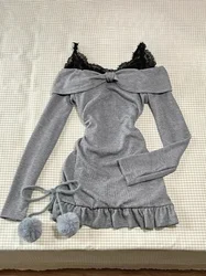 Korean Sexy Streetwear Two Pieces Set Sweet Bow Bandage Grunge Slim Fit Dress + Women Y2k Aesthetic Patchwork Lace Mini Vestidos
