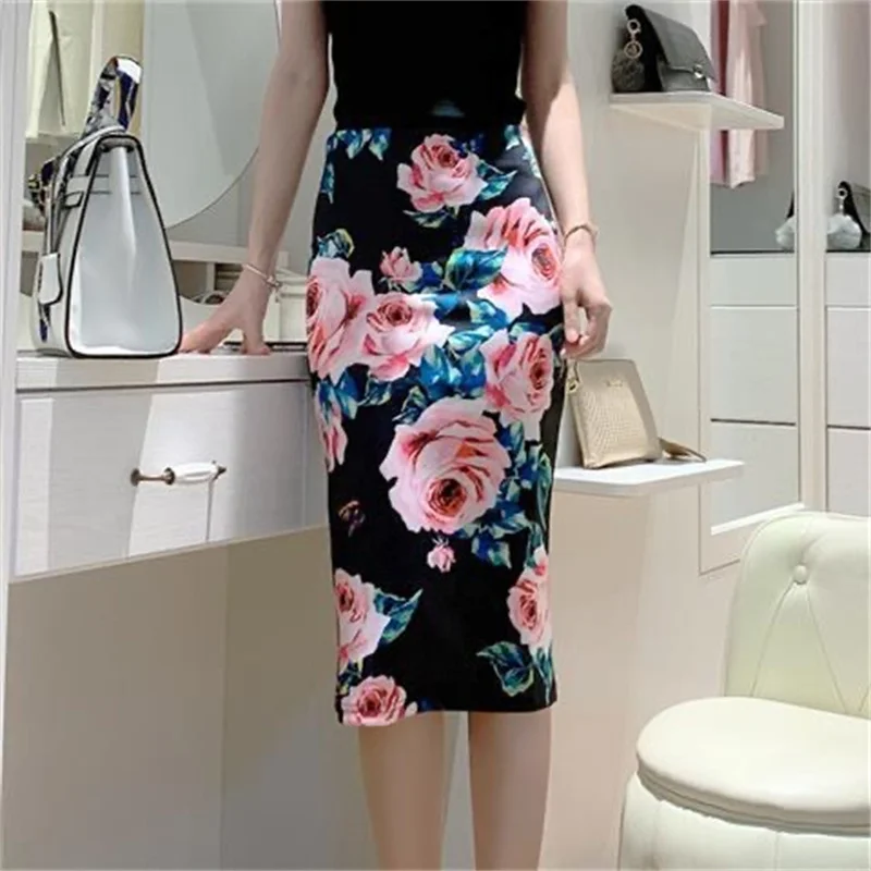 Streetwear Slim Summer Skirts for Women High Wasit Casual Office Midi Skirts Vintage Pink Rose Print Work Skirts with Back Split