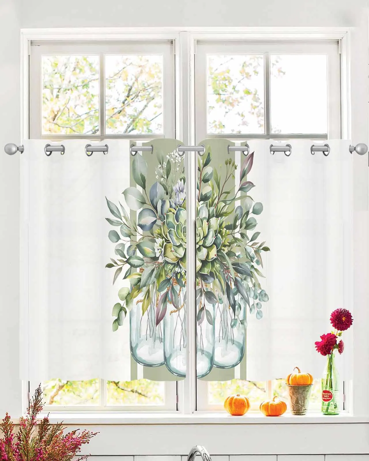 

Tulle Window Curtains Vintage Succulents Eucalyptus Leaves Bottle for Living Room Bedroom Chiffon Sheer Voile Window Curtain