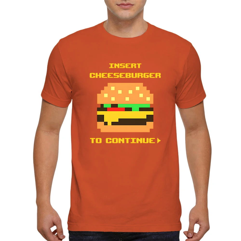 New Summer Mens 100% Cotton T Shirt Insert Cheeseburger To Continue Pixel Game Print Breathable Short Sleeve Daily Wear