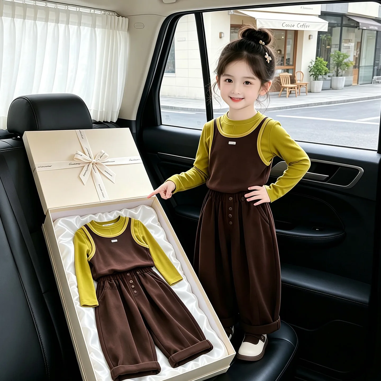 Girls Casual Two-Piece Set Autumn New Style Long Sleeve T-Shirt Brown Pants Comfortable Breathable Soft Material Cartoon Pattern