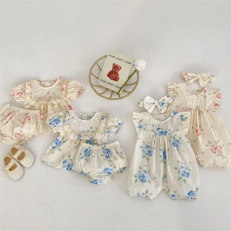 2023 Sommer neue Baby Spitze Kragen gebrochen Blume Stram pler Mädchen Kurzarm Tops Shorts Kleidung Set Kinder Baumwolle Kleidung