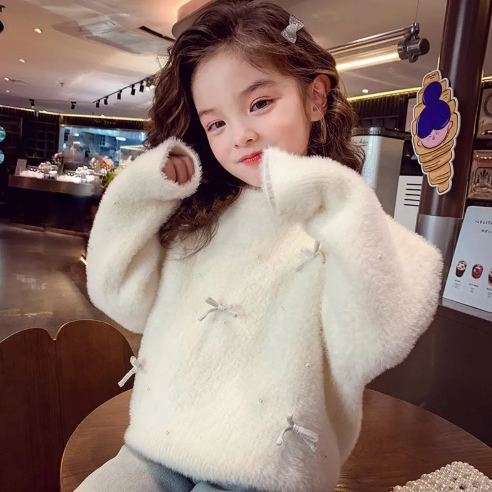 Bear Leader Autumn Winter Red Bow Pullover Girls Sweater Korean Version Beadwork New Year's and Christmas Children's Clothing