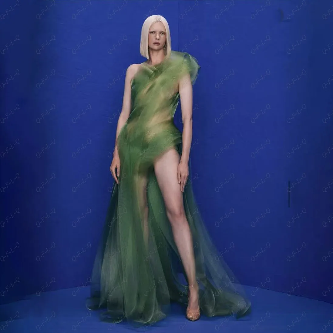 Forest Green Art Photoshoot Dress Organza Side Slit One Shoulder Custom Made Party Evening Dress Layered Long See Thru Prom Gown