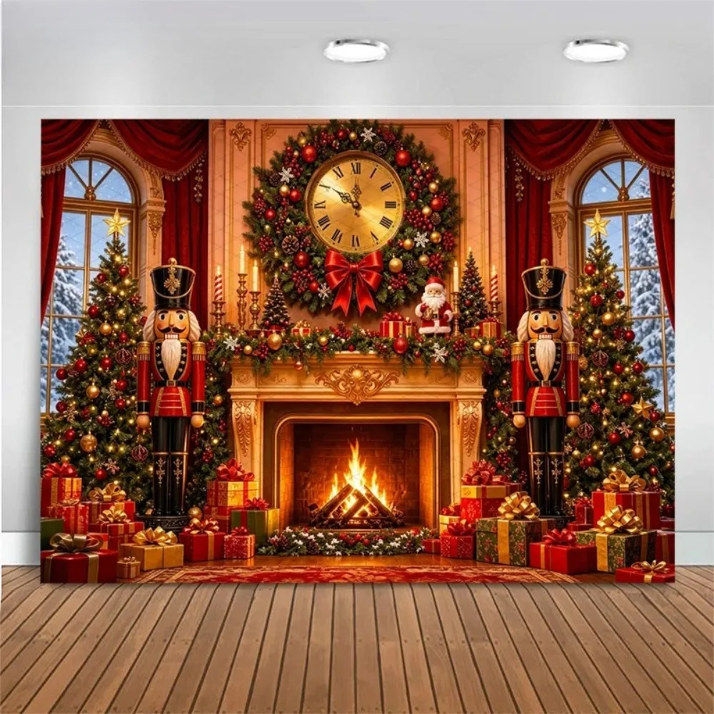 Christmas Fireplace, Double Soldier Garland, Clock Flame Theme Backdrop, Christmas Party Decoration, Photography Backdrop Cloth