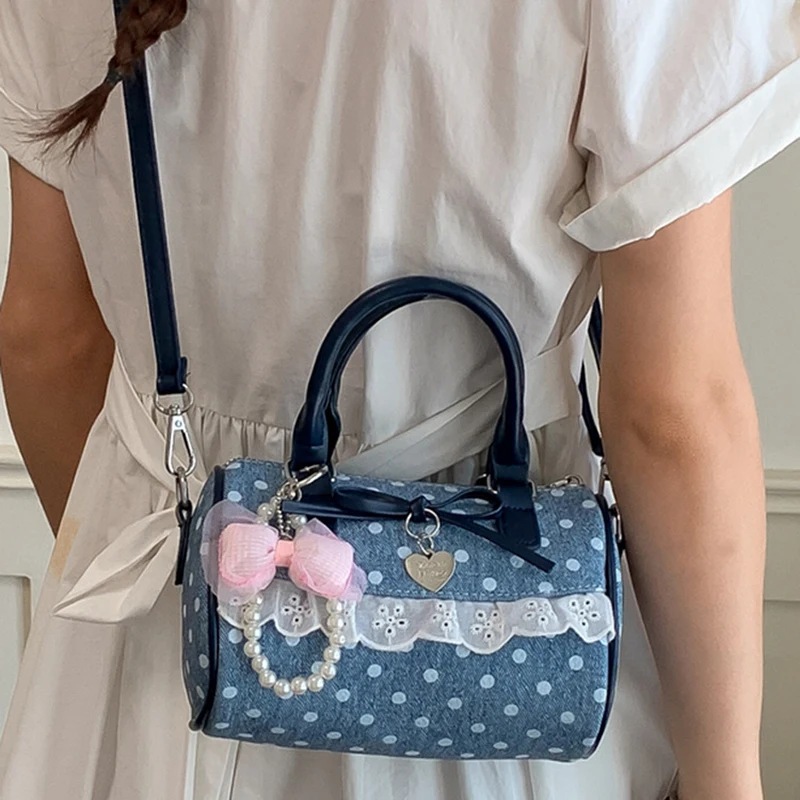 Koreanische Polka Dot Bowknot Patchwork Hobo Umhängetasche, Damenhandtasche, vielseitige, leichte, kleine quadratische Tragetasche für den Arbeitsweg – Detail 12