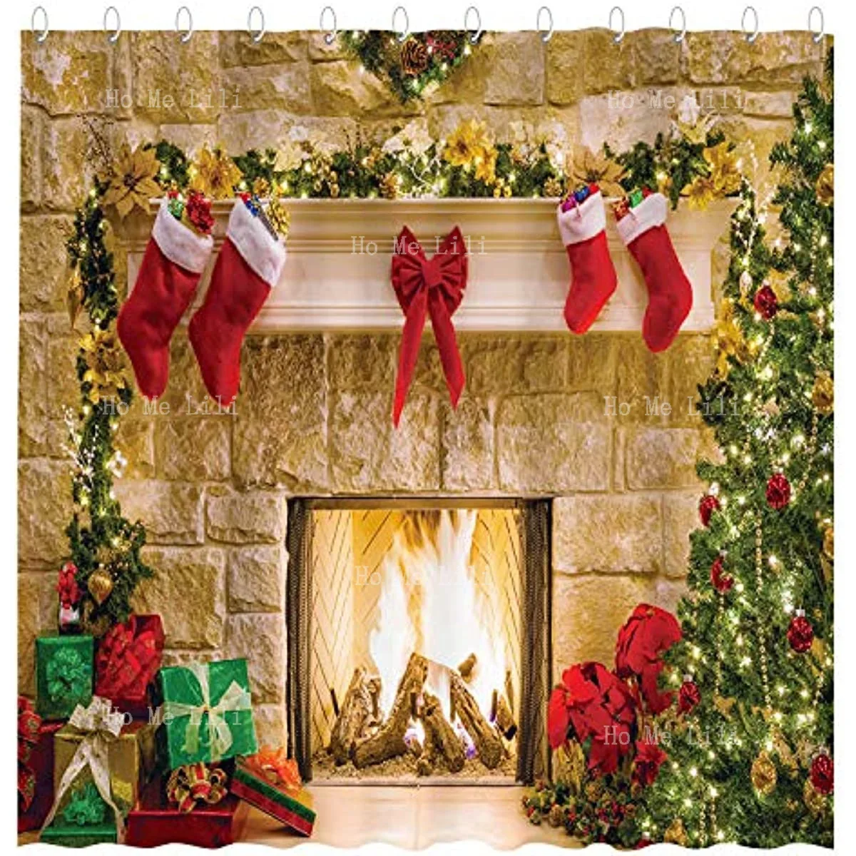 Fun Fireplace Shower Curtain Set Hooks Winter Indoor Christmas Tree Stockings Home Bathroom Tub Decoration Easy Care Washable