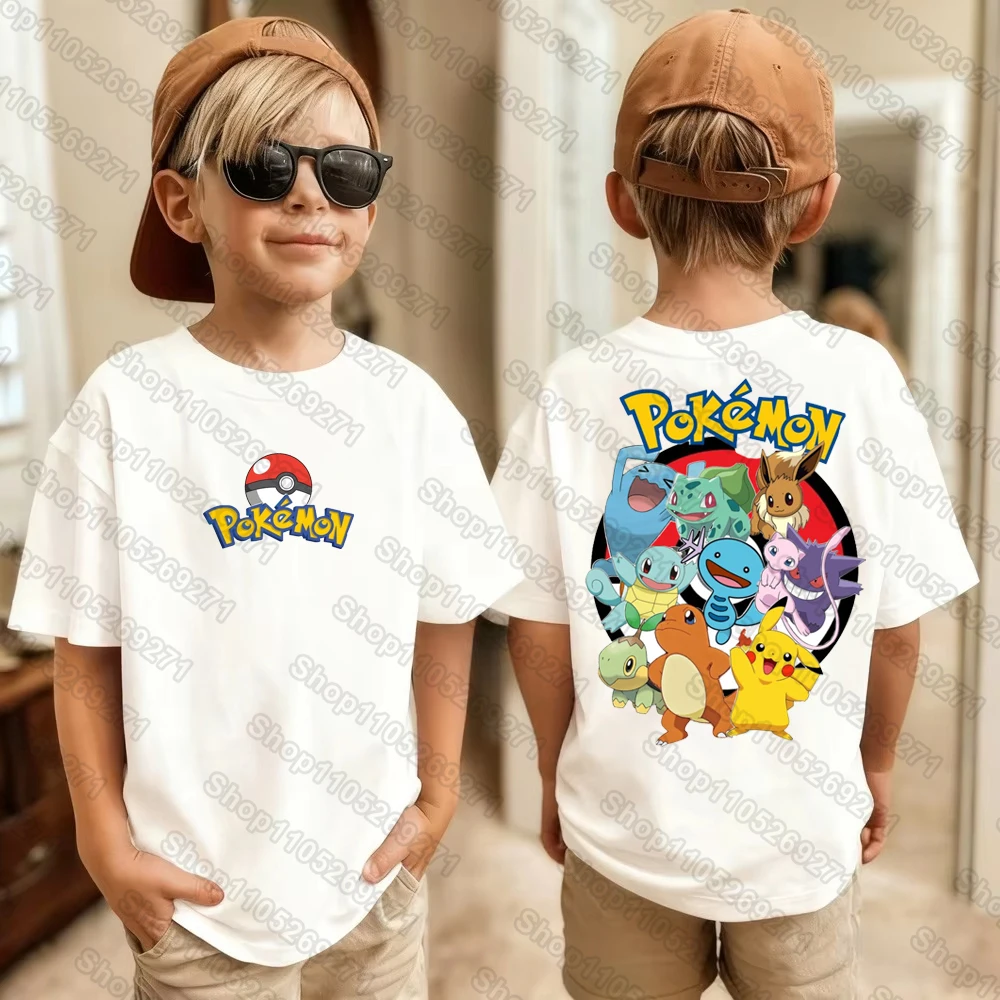 Camisetas con estampado de dibujos animados de Pokemons Pikachu para niños y niñas, camisetas informales de manga corta, ropa de moda Harajuku para niños