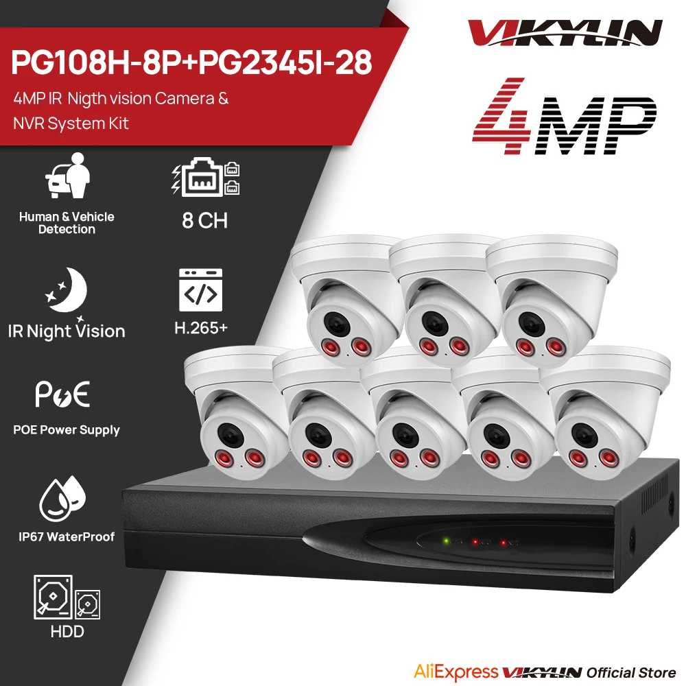 

VIKYLIN 4MP Outdoor Surveillance Camera System 8CH NVR IR Night Vision Waterproof POE Video Security Protection Cameras CCTV Kit