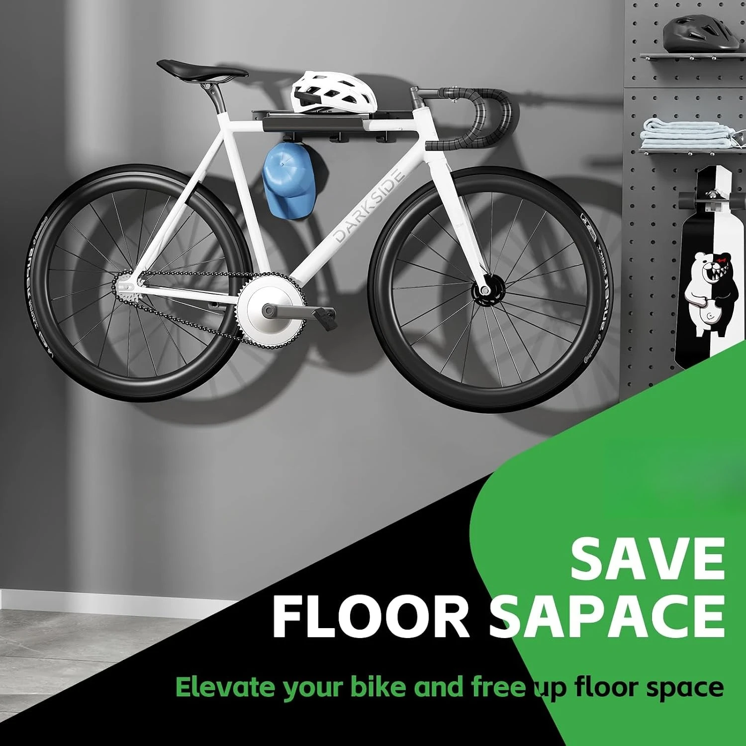 Bike Wall Mount Rack with Storage Shelf Helmet Holder Shoe Hooks And Accessories for Road And Mountain Bikes