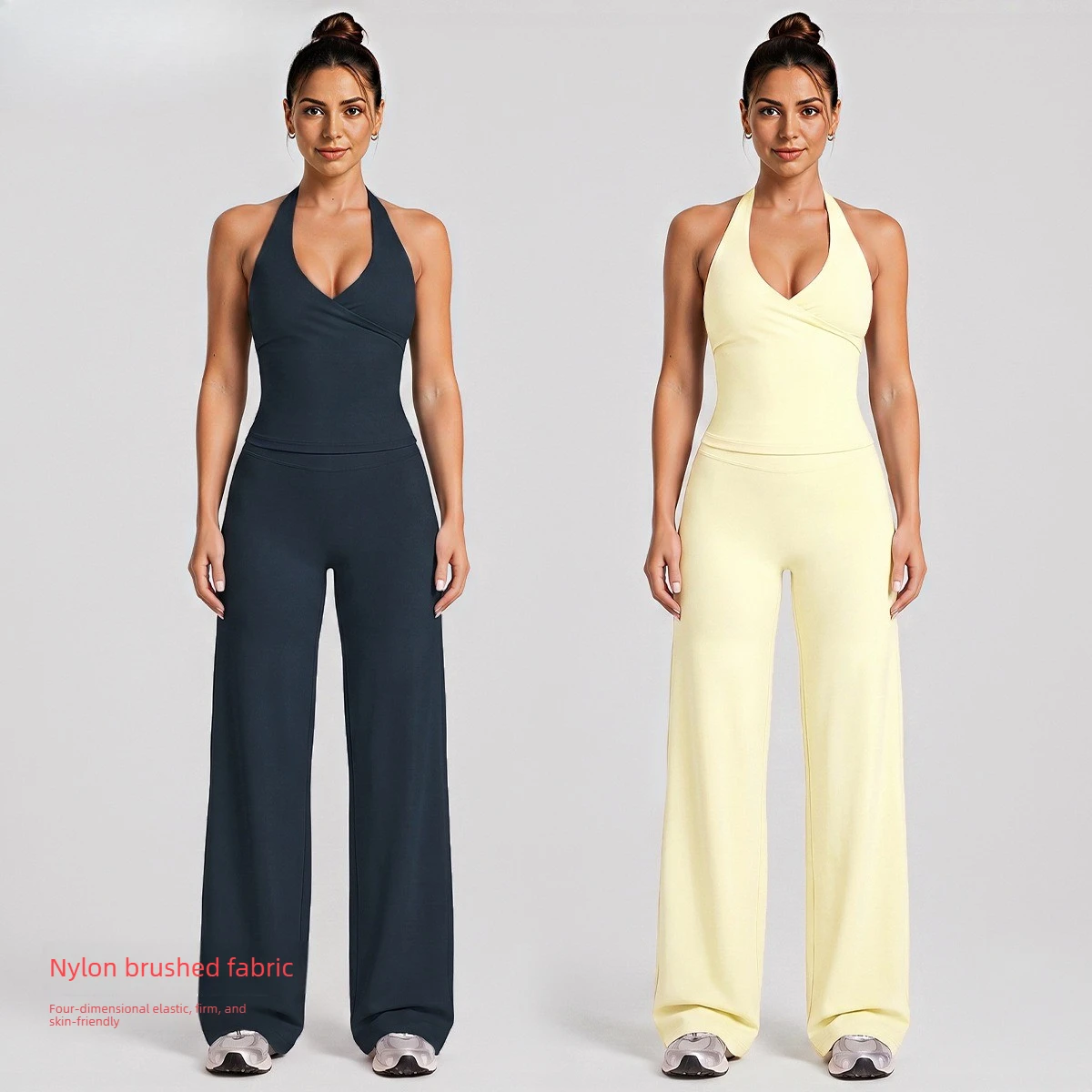 Women 2‑Piece Yoga Workout Set Halter Wrap V‑Neck Cropped Yoga Vest High Waist Wide Leg Pants Gym Pilates Fitness Sports Set