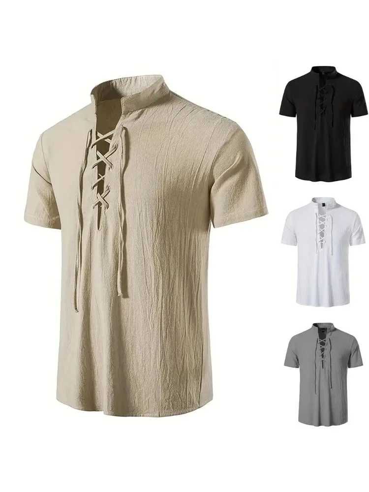 Herren-Retro-Hemd, kurzärmelig, Baumwolle, Leinen, leicht, atmungsaktiv, einfarbig, modische Oberteile, Pirat, V-Ausschnitt, männlich, stilvolle Shirs