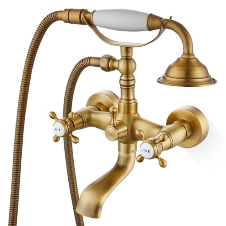 

Wall Mount Bathtub Faucet for vintage Victorian-style bathrooms, antique brass, with telephone handheld sprayer, double hot/col