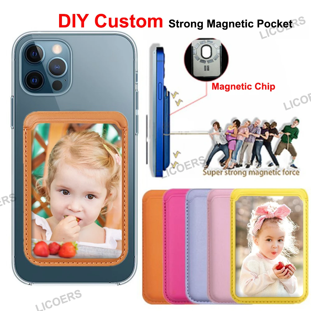 DIY Magnetic Card Phone Pocket for iPhone 16 15 14 13 12 Pro Max Plus Leather Logo Case Printing Magnet Wallet Bag for Magsafe