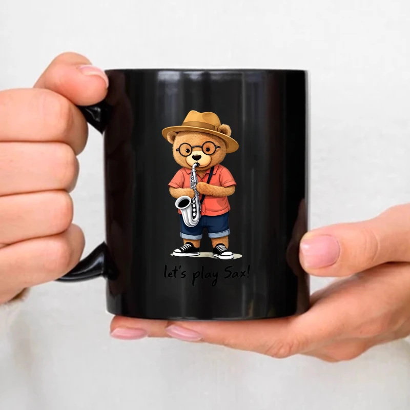 Ceramic mugs, black bear playing saxophone wearing hats and glasses, let's play saxophone music themed coffee teacups, home offi
